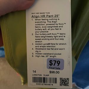 Lululemon Align 25” Legging NWT Yellow Pear Green